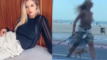 "Jag ser inte problemet": Modellen väcker debatt när hon rastar hundarna barbröstad