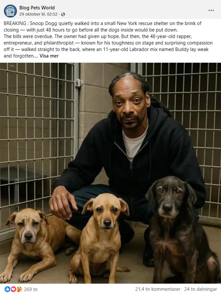 Falskt viralrykte: Nej, Snoop Dogg räddade inte 39 hundar i New York