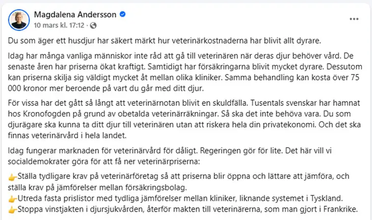 Magdalena Andersson: "Veterinärpriserna har blivit för höga"