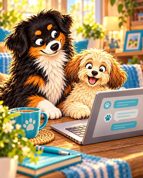 Greta och Zelda samlas vid datorn för att upptäcka Hundnytts forum.
