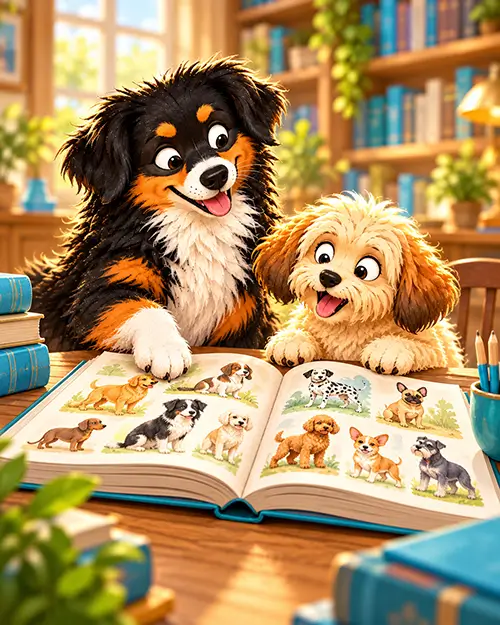 Greta och Zelda bläddrar i en bok med olika hundraser.