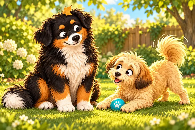 Illustration av Greta, en Miniature American Shepherd, och Zelda, en Bichon Havanais, som leker med en turkos boll i trädgården.